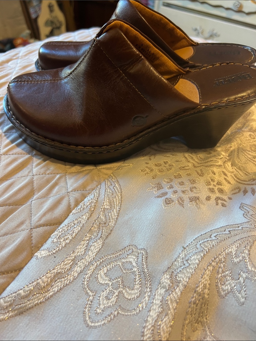 Born Brown Leather Slip-On Clog Mules with Block Heel